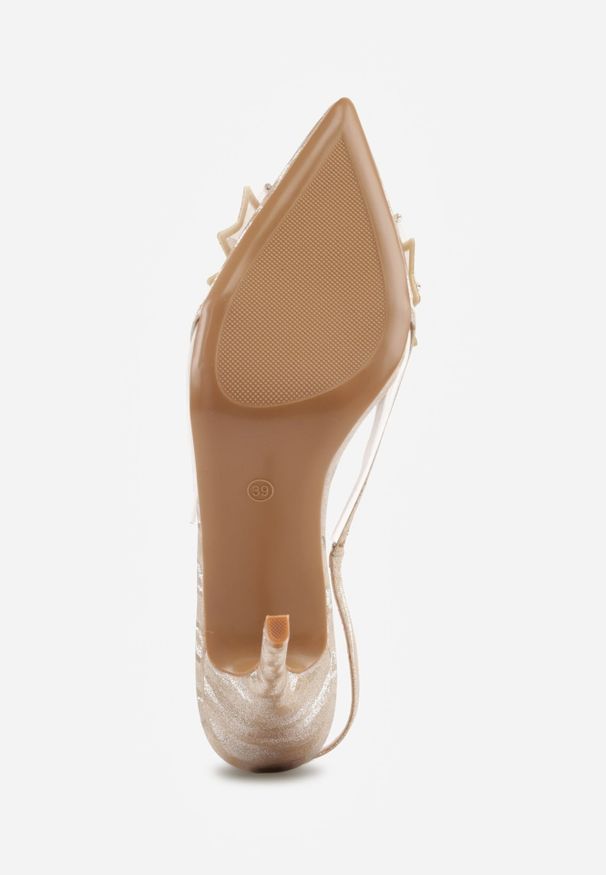Renee - Beżowe Szpilki VICES Slingback z Kokardą Cyrkoniami i Transparetną Wstawką Kalilise. Zapięcie: sprzączka. Kolor: beżowy. Materiał: satyna. Wzór: aplikacja. Obcas: na szpilce. Styl: elegancki