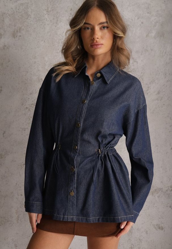 Renee - Granatowa Koszula z Bawełny Ściągana w Talii Troczkami Hettia. Kolor: niebieski. Materiał: bawełna. Styl: elegancki