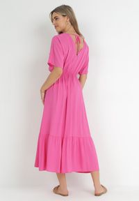 Born2be - Fuksjowa Rozkloszowana Sukienka Maxi z Gumką i Sznurkiem w Talii z Wiskozy Baneta. Okazja: na co dzień. Kolor: różowy. Materiał: wiskoza. Typ sukienki: proste. Styl: casual. Długość: maxi #2