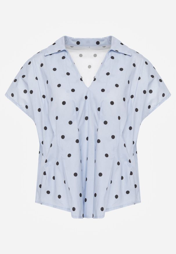 Born2be - Niebieska Bluzka o Fasonie Oversize w Kropki z Bawełny Pireia. Okazja: na co dzień, do pracy. Kolor: niebieski. Materiał: bawełna. Długość: długie. Wzór: kropki. Styl: casual