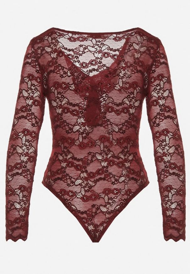 Born2be - Bordowe Koronkowe Body z Falbanką Vidane. Okazja: na co dzień. Kolor: czerwony. Materiał: koronka. Wzór: aplikacja. Styl: klasyczny, casual, elegancki