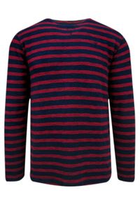 Męski, bawełniany sweter Pioneer w czerwono-granatowe poziome paski. Okazja: na co dzień. Kolor: wielokolorowy, czerwony, niebieski. Materiał: bawełna. Wzór: paski. Styl: casual