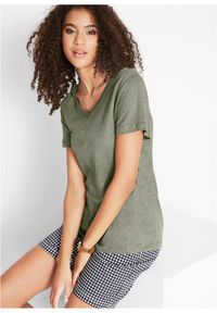 bonprix - T-shirt z czystego lnu. Typ kołnierza: dekolt w serek. Kolor: zielony. Materiał: len. Sezon: lato. Styl: elegancki #1