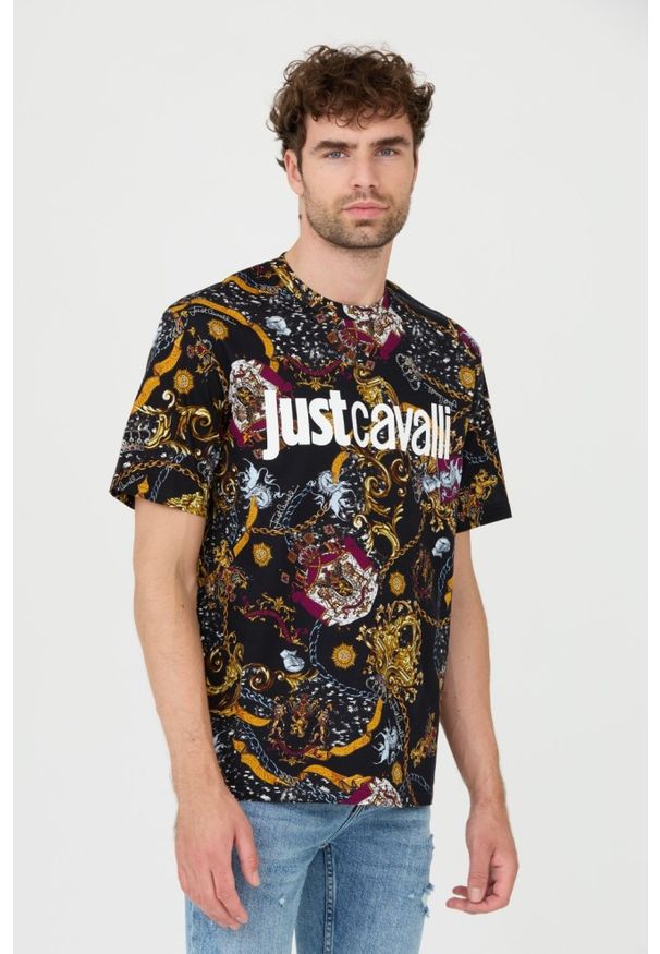 Just Cavalli - JUST CAVALLI Czarny męski T-shirt R Print Iconic Shields, Rozmiar M. Kolor: czarny. Wzór: nadruk