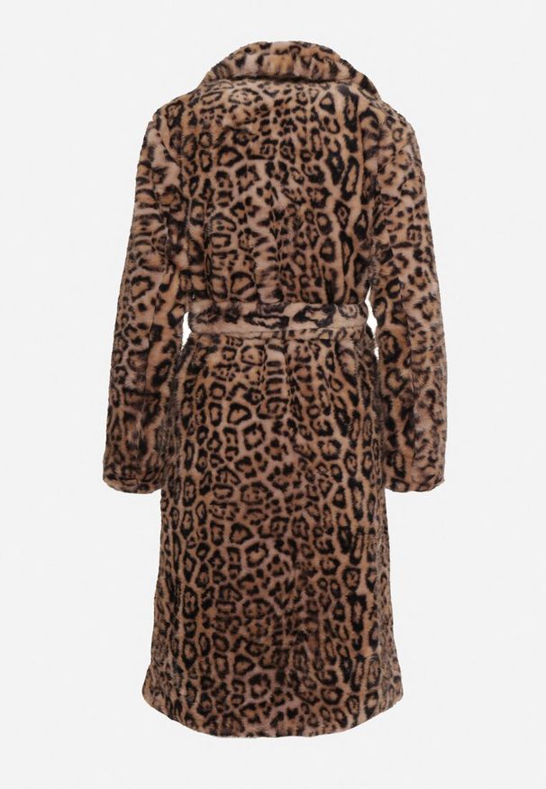 Born2be - Brązowy Płaszcz w Panterkę Futerko Ozdobiony Paskiem Delmarea. Okazja: na co dzień. Kolor: brązowy. Materiał: futro. Wzór: motyw zwierzęcy, aplikacja. Sezon: zima, jesień. Styl: klasyczny, casual, elegancki