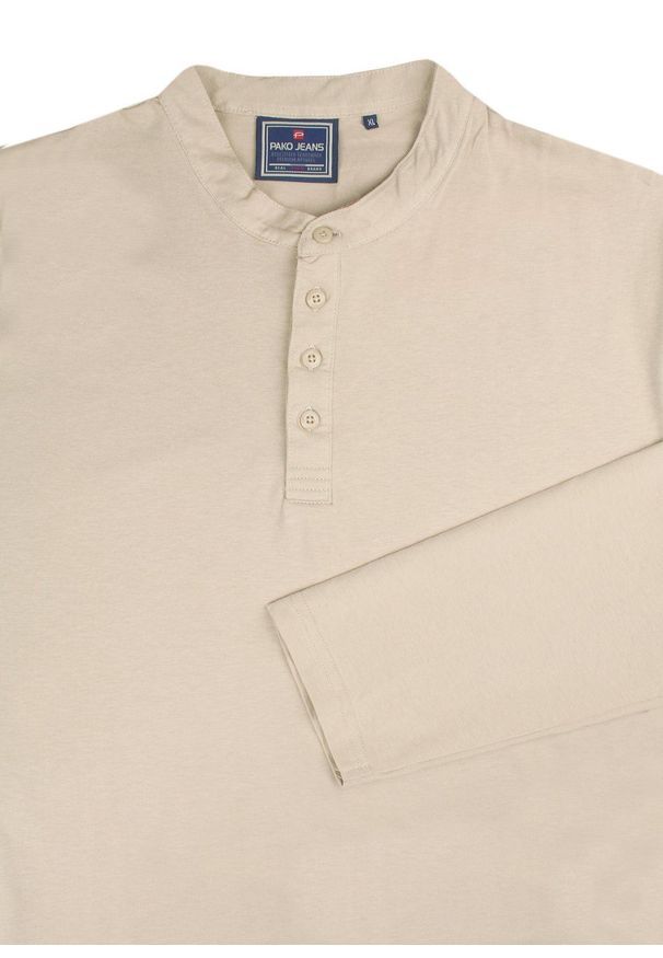 Koszulka z Dł. Rękawem, Dekolt na Guziki - Pako Jeans - Beżowa. Okazja: na co dzień. Kolor: wielokolorowy, beżowy, brązowy. Materiał: bawełna. Długość rękawa: długi rękaw. Długość: długie. Styl: casual