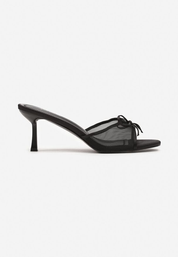 Born2be - Czarne Klapki na Szpilce z Siateczkową Cholewką i Kokardą Olfitia. Okazja: na co dzień. Kolor: czarny. Materiał: jeans. Obcas: na szpilce. Styl: wizytowy, klasyczny, elegancki, casual