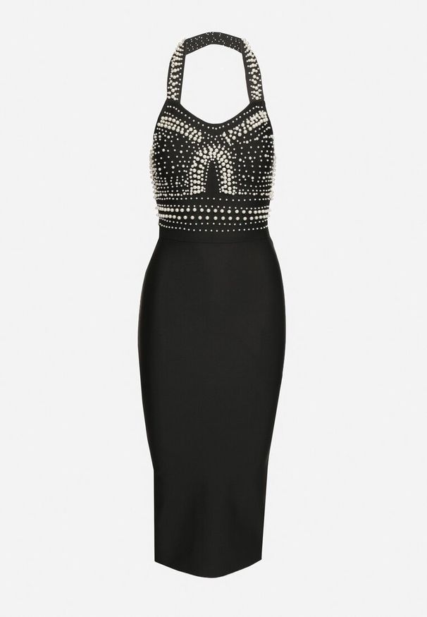 Born2be - Czarna Dopasowana Sukienka z Wiskozą z Dekoltem Halter i Rozcięciem Zdobiona Perłami Sanithiel. Okazja: na imprezę. Typ kołnierza: dekolt halter. Kolor: czarny. Materiał: wiskoza. Wzór: aplikacja