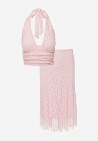 Born2be - Różowy Koronkowy Komplet Top Wiązany na Szyi i Spódnica Corinatea. Kolor: różowy. Materiał: koronka #8