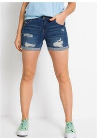 bonprix - Szorty dżinsowe mid waist z ozdobnymi przetarciami. Kolor: niebieski #1