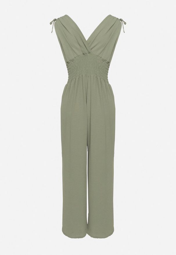 Born2be - Zielony Kopertowy Kombinezon z Bawełną i Marszczeniami Lunirisa. Kolor: zielony. Materiał: bawełna. Styl: elegancki
