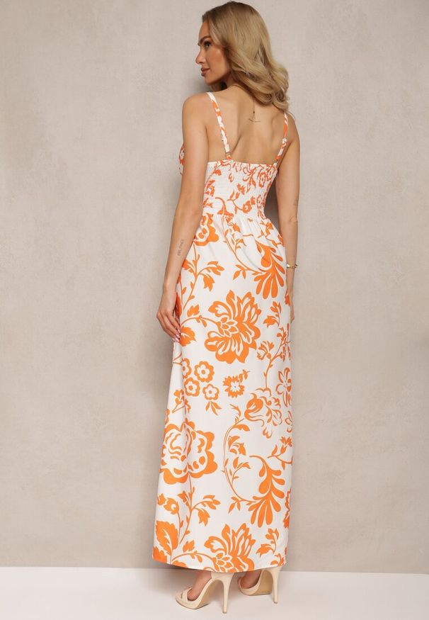 Renee - Pomarańczowa Sukienka z Gumkami na Plecach Ściągana w Talii z Regulowanymi Ramiączkami Falora. Okazja: na co dzień. Kolor: pomarańczowy. Długość rękawa: na ramiączkach. Sezon: wiosna, lato. Styl: elegancki, casual