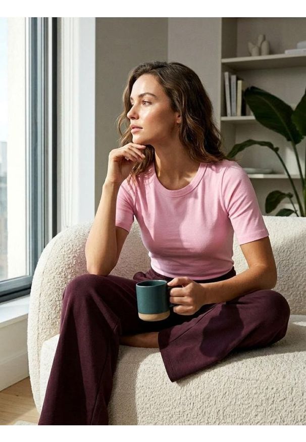 Sinsay - Bawełniana koszulka basic - różowy. Kolor: różowy. Materiał: bawełna