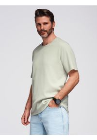 Ombre Clothing - Koszulka męska o waflowej strukturze z okrągłym dekoltem – pistacjowa V4 - Rozmiar: M. Okazja: na co dzień. Kolor: zielony. Materiał: bawełna. Styl: casual