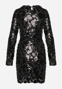 Born2be - Czarna Taliowana Sukienka z Cekinami i Metaliczną Nicią Ventheia. Okazja: na co dzień. Kolor: czarny. Wzór: aplikacja. Typ sukienki: dopasowane. Styl: klasyczny, casual #7
