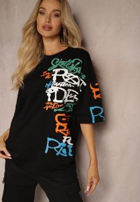 Renee - Czarna Koszulka T-shirt z Napisami w Stylu Graffiti z Bawełny Venoma. Kolor: czarny. Materiał: bawełna. Wzór: napisy. Sezon: lato #4