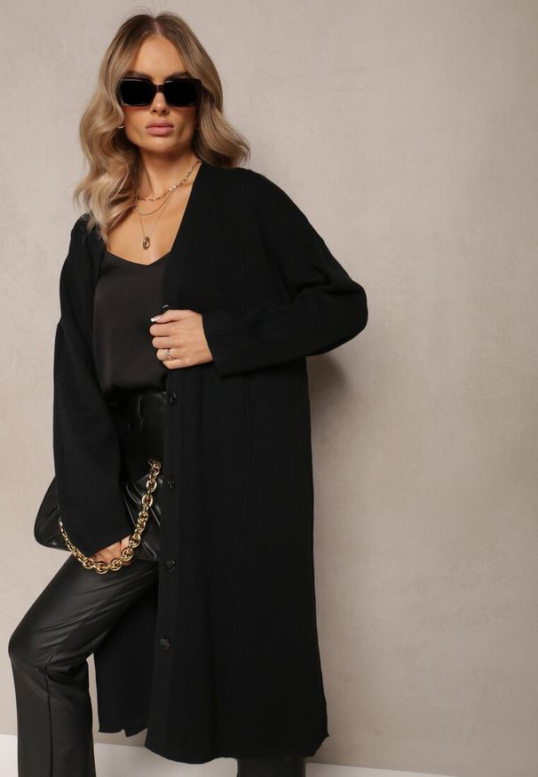 Renee - Czarny Długi Kardigan Zapinany Rousalere. Kolor: czarny. Materiał: dzianina. Długość: długie