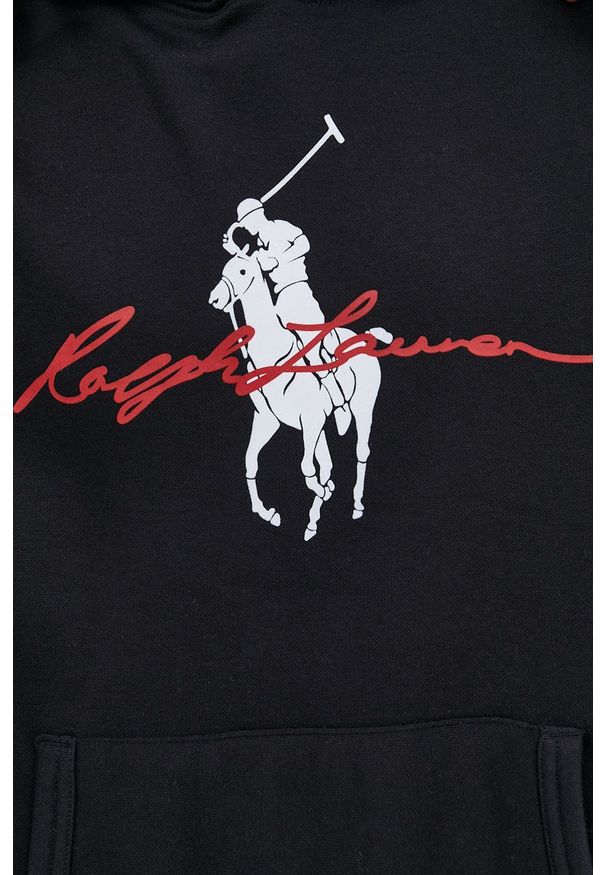 Polo Ralph Lauren Bluza męska kolor czarny z kapturem z nadrukiem. Typ kołnierza: polo, kaptur. Kolor: czarny. Materiał: dzianina. Wzór: nadruk