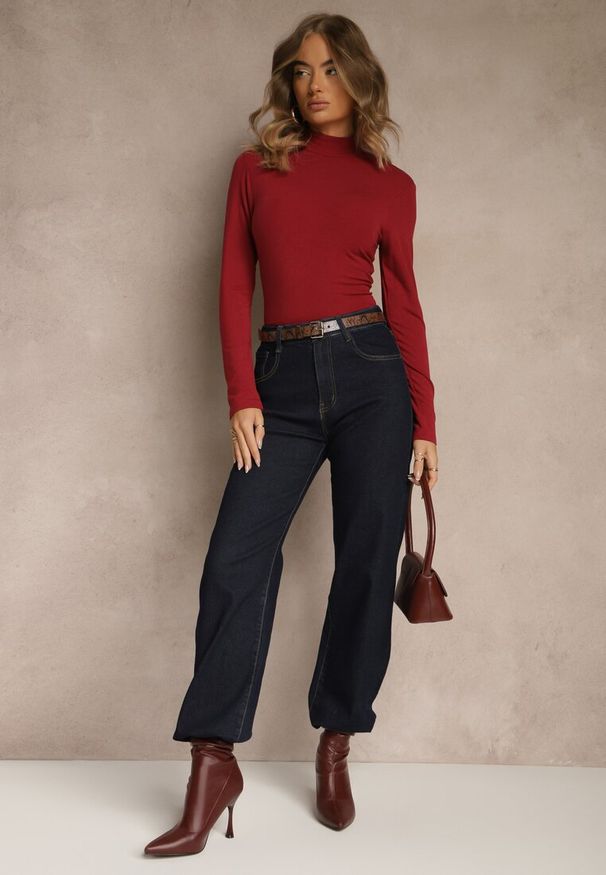 Renee - Bordowa Casualowa Bluzka z Golfem Longsleeve Ralaia. Okazja: na co dzień. Typ kołnierza: golf. Kolor: czerwony. Materiał: jeans. Długość rękawa: długi rękaw. Styl: casual