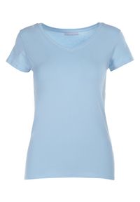 Born2be - Jasnoniebieski T-shirt Delolle. Okazja: na co dzień. Typ kołnierza: dekolt w serek, kaptur. Kolor: niebieski. Materiał: dzianina, jeans, bawełna. Długość rękawa: krótki rękaw. Długość: krótkie. Wzór: gładki. Styl: casual #6