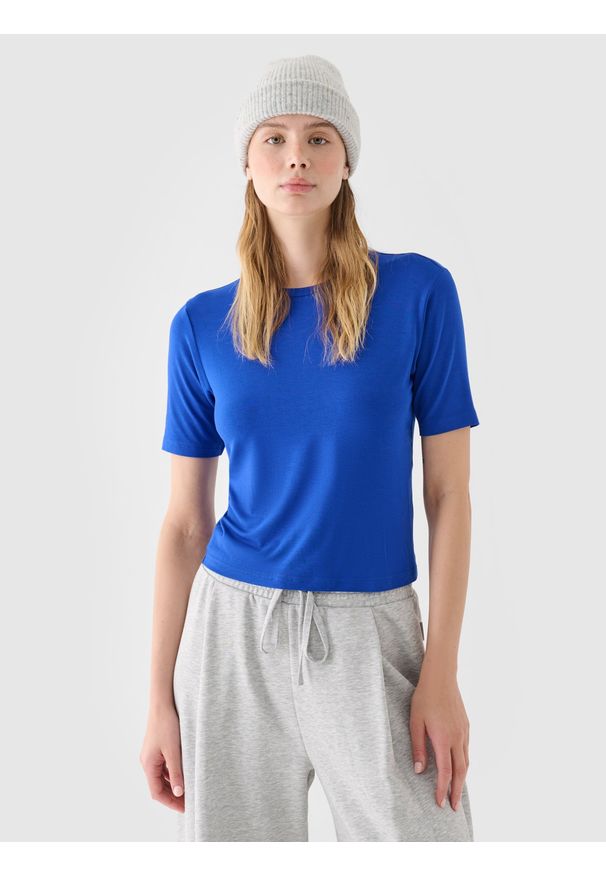 4f - 4F T-shirt slim gładki damski - niebieski L. Okazja: na co dzień. Kolor: niebieski. Materiał: dzianina, wiskoza, jersey, materiał, elastan. Długość rękawa: krótki rękaw. Długość: krótkie. Wzór: gładki. Sezon: lato, wiosna. Styl: sportowy, casual