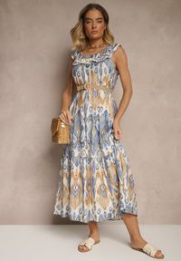 Renee - Niebieska Sukienka Rozkloszowana Wiskozowa Wiązana na Plecach we Wzór Boho Turieza. Okazja: na co dzień. Kolor: niebieski. Materiał: wiskoza. Typ sukienki: proste. Styl: boho