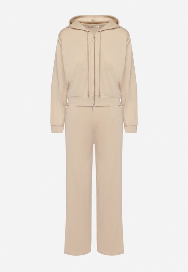 Born2be - Ciemnobeżowy Komplet Dresowy Bluza z Kapturem Rozpinana i Szerokie Spodnie Avesmira. Kolor: beżowy. Materiał: dresówka