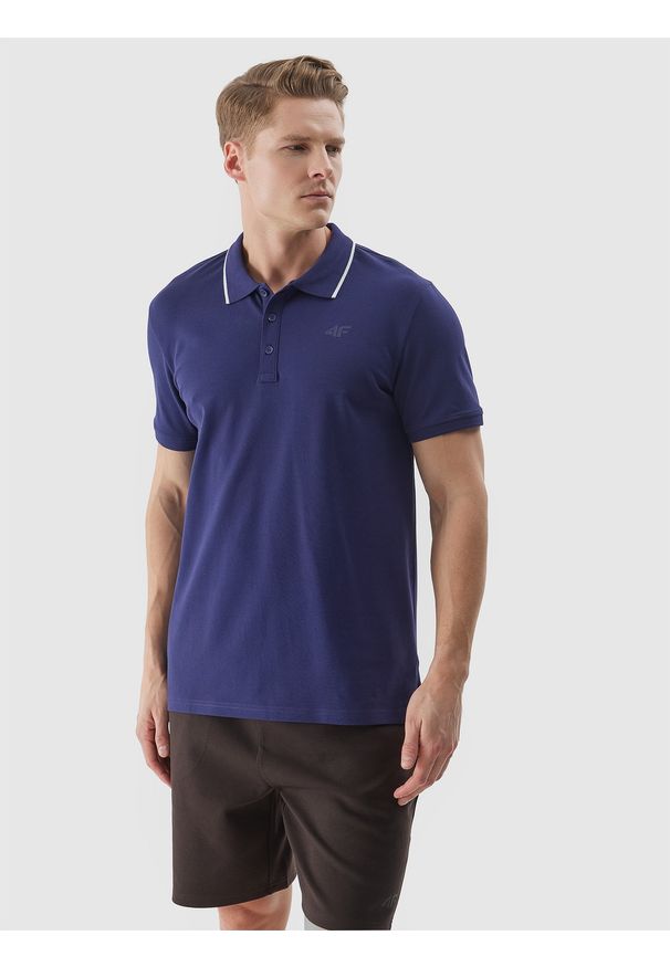 4f - 4F Koszulka polo regular męska - granatowa M. Okazja: na co dzień. Typ kołnierza: polo. Kolor: niebieski. Materiał: dzianina, bawełna. Wzór: ze splotem. Styl: casual, klasyczny, sportowy
