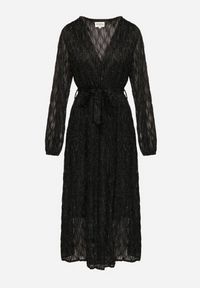 Born2be - Czarna Połyskująca Sukienka o Rozkloszowanym Kopertowym Kroju z Wiązanym Paskiem Oceola. Okazja: na co dzień. Typ kołnierza: dekolt w kształcie V. Kolor: czarny. Typ sukienki: kopertowe. Styl: casual, wizytowy #3