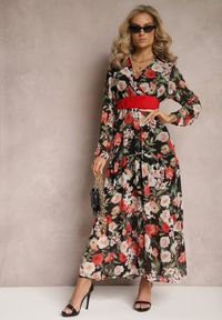 Renee - Czarna Sukienka z Paskiem i Gumką w Pasie Hahonu. Kolor: czarny. Materiał: zamsz. Długość rękawa: długi rękaw. Wzór: kwiaty, nadruk. Typ sukienki: kopertowe. Styl: boho. Długość: maxi