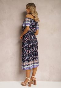 Renee - Granatowa Pudełkowa Sukienka z Bawełny we Wzór Paisley z Hiszpańskim Dekoltem Veranica. Kolor: niebieski. Materiał: bawełna. Wzór: paisley. Sezon: lato #3