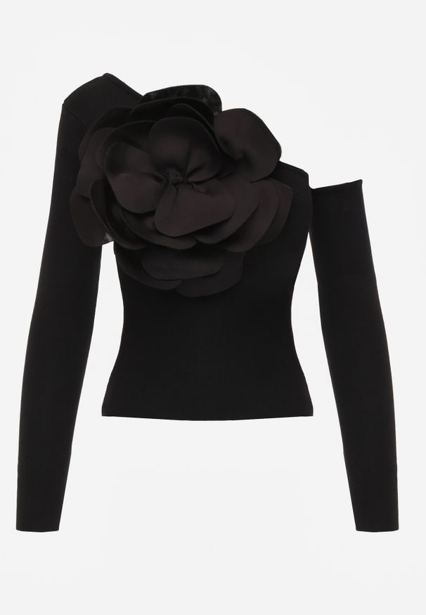 Renee - Czarna Bluzka z Wiskozy o Asymetrycznym Kroju z Aplikacją 3D z Kwiatem Cheleta. Okazja: na imprezę. Kolor: czarny. Materiał: wiskoza. Wzór: kwiaty, aplikacja