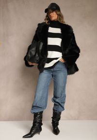 Renee - Czarno-Biały Golf Ozdobiony Paskami Raluna. Okazja: na co dzień. Typ kołnierza: golf. Kolor: czarny. Materiał: jeans. Wzór: aplikacja. Styl: casual #4