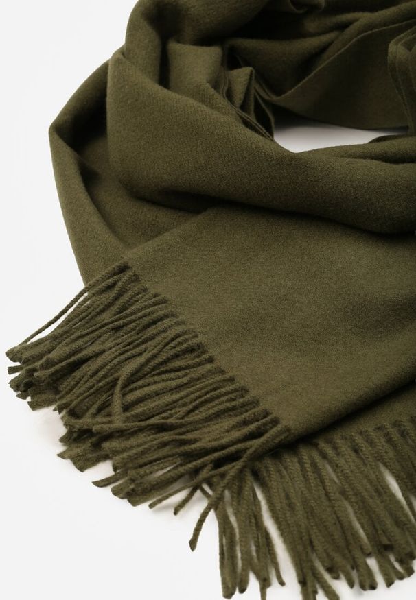 Born2be - Ciemnozielony Szalik z Bawełną i Wiskozą Ozdobiony Frędzlami Siadortia. Okazja: na co dzień, na spotkanie biznesowe. Kolor: zielony. Materiał: wiskoza, bawełna. Wzór: aplikacja. Styl: casual, biznesowy, elegancki, klasyczny