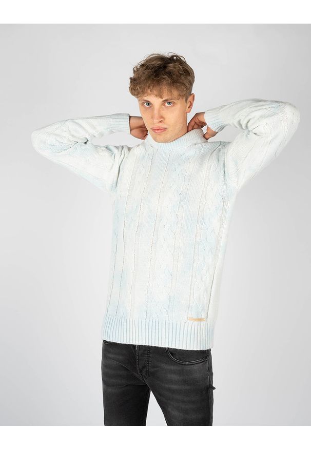 Takeshy Kurosawa Sweter | 83063 | Maglia Treccia Sfumata | Mężczyzna | Biały, Szary. Okazja: na co dzień. Kolor: biały, szary, wielokolorowy. Materiał: wełna, poliamid, bawełna. Wzór: ze splotem, aplikacja. Styl: casual