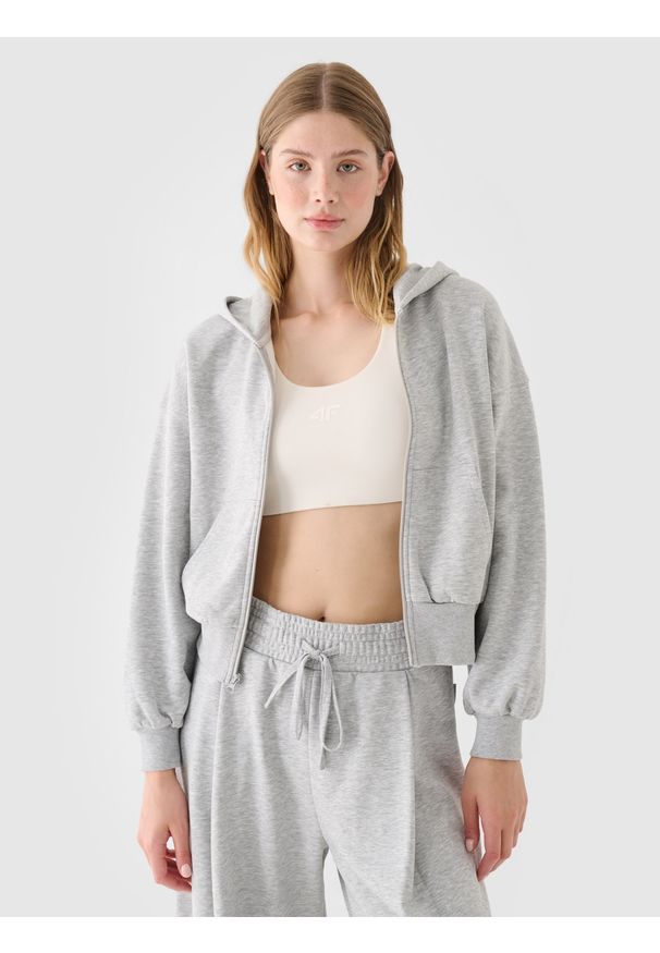 4f - 4F Bluza dresowa rozpinana z kapturem damska - szara M. Okazja: na co dzień. Typ kołnierza: kaptur. Kolor: szary. Materiał: dresówka. Wzór: ze splotem, gładki. Styl: sportowy, casual