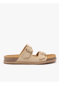 Ryłko - Piaskowe klapki z dwoma paskami. Nosek buta: okrągły. Kolor: beżowy. Materiał: skóra, welur. Wzór: paski. Sezon: lato. Styl: street, klasyczny, elegancki #1