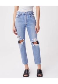AGOLDE - Spodnie jeansowe z dziurami Fen Straight Fit. Stan: podwyższony. Kolor: niebieski. Długość: długie. Wzór: aplikacja
