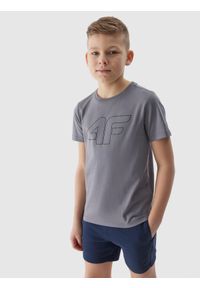 4f - 4F T-shirt z nadrukiem chłopięcy - szary 122 (6-7 lat). Okazja: na co dzień. Kolor: szary. Materiał: bawełna, jersey, dzianina. Długość rękawa: krótki rękaw. Długość: krótkie. Wzór: nadruk. Sezon: lato. Styl: sportowy, casual