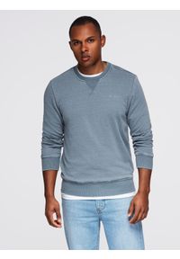Ombre Clothing - Washowana bluza męska z ozdobnym przeszyciem przy dekolcie - jasnoniebieska V3 - Rozmiar: L. Kolor: niebieski. Materiał: jeans, materiał, poliester, bawełna. Wzór: haft