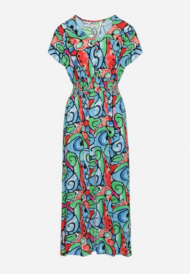 Born2be - Niebieska Bawełniana Sukienka z Abstrakcyjnym Wzorem Emilisse. Okazja: na co dzień. Kolor: niebieski. Materiał: bawełna. Styl: casual, klasyczny