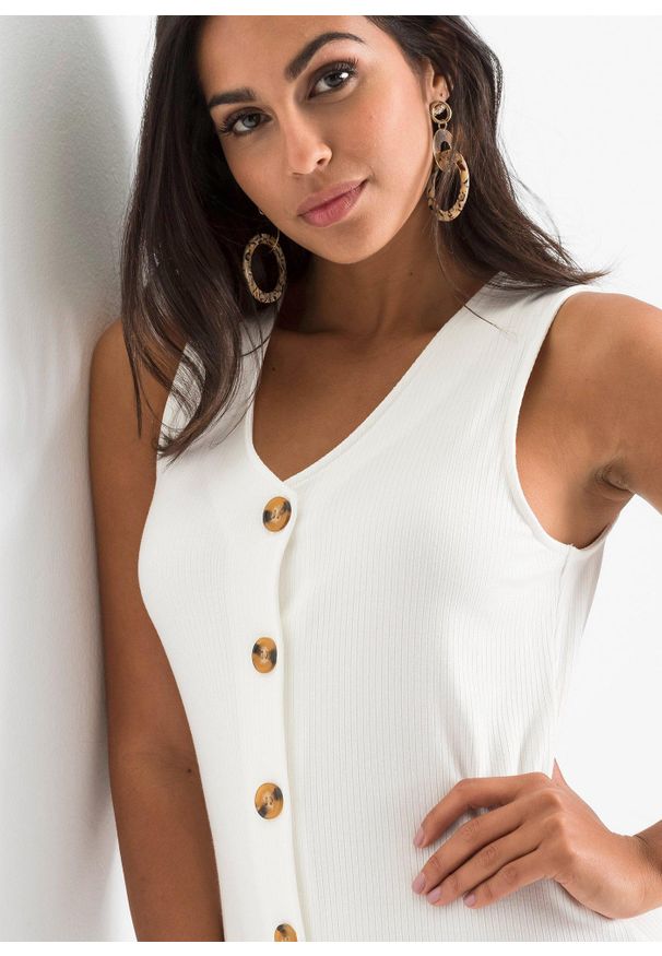 bonprix - Sukienka midi. Typ kołnierza: dekolt w serek. Kolor: biały. Długość rękawa: bez rękawów. Wzór: prążki. Typ sukienki: proste. Długość: midi