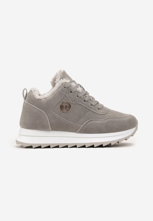 Born2be - Szare Sneakersy na Platformie z Futerkiem Egiapia. Okazja: na co dzień. Nosek buta: okrągły. Kolor: szary. Materiał: futro. Obcas: na platformie