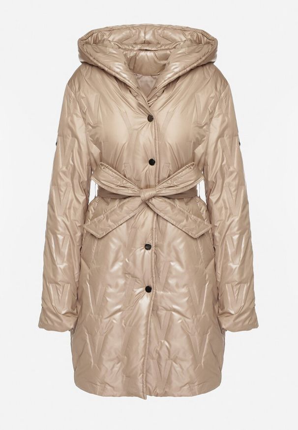 Born2be - Ciemnobeżowa Kurtka z Pikowanymi Przeszyciami Kapturem i Wiązanym Paskiem Erlexie. Okazja: na co dzień, do pracy, na spotkanie biznesowe, na spacer. Kolor: beżowy. Materiał: dzianina, jeans. Styl: klasyczny, casual, biznesowy