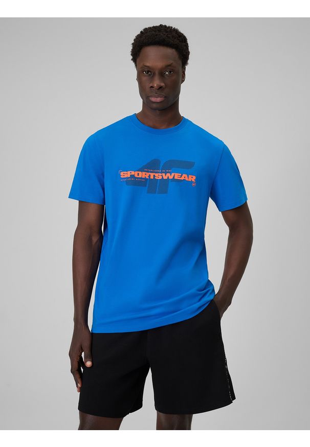 4f - 4F T-shirt regular z nadrukiem męski - niebieski M. Okazja: na co dzień. Kolor: niebieski. Materiał: materiał, bawełna. Wzór: nadruk. Styl: casual