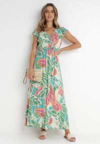Born2be - Zielona Sukienka Donky. Typ kołnierza: kołnierz z falbankami. Kolor: zielony. Materiał: materiał. Długość rękawa: bez rękawów. Wzór: nadruk. Typ sukienki: kopertowe. Długość: maxi #4