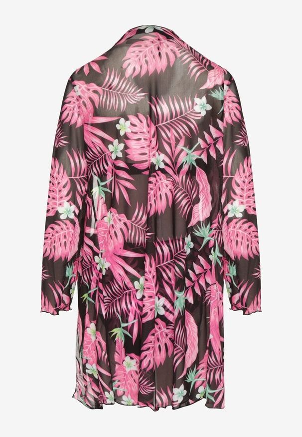 Born2be - Czarno-Różowe Bikini Wiązany Biustonosz i Majtki Figi z Dodatkową Narzutką z Siateczki Zareliah. Kolor: czarny. Materiał: len. Wzór: aplikacja