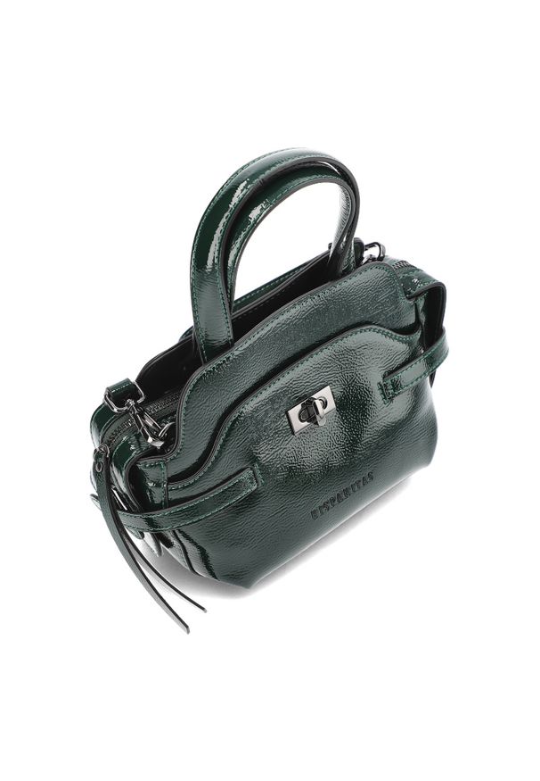 Zielony Elegancki Kuferek Damski Hispanitas. Kolor: zielony. Wzór: paski. Materiał: skórzane. Styl: elegancki. Rodzaj torebki: na ramię