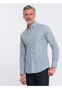 Ombre Clothing - Koszula męska SLIM FIT w print drobnych liści - jasnoniebieska V1. Okazja: na co dzień. Kolor: niebieski. Materiał: tkanina, skóra, bawełna. Wzór: nadruk. Styl: casual #9