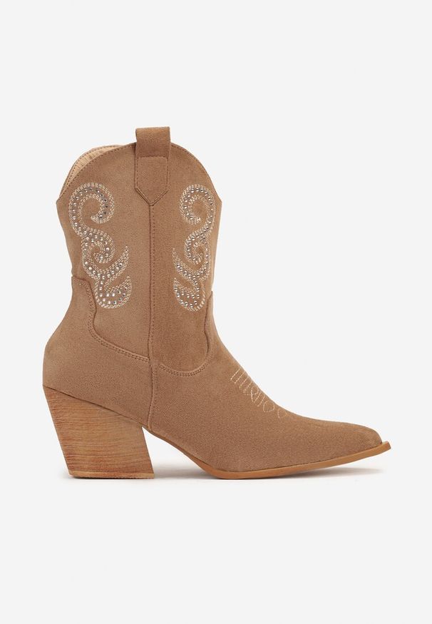Renee - Brązowe Botki na Stożku w Stylu Kowbojek Ozdobione Cyrkoniami Ansitha. Okazja: na co dzień. Kolor: brązowy. Materiał: jeans, tkanina. Wzór: aplikacja. Obcas: na stożku. Styl: wizytowy, elegancki, boho, casual. Wysokość obcasa: średni